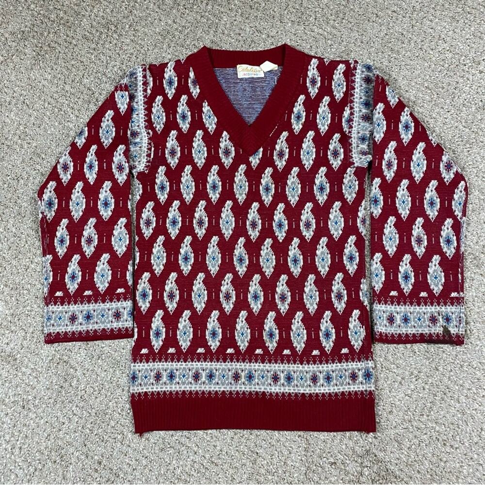 Vintage 60s Catalina Sweater Womens S* V Neck Paisley Retro Knit Wool Jacquard